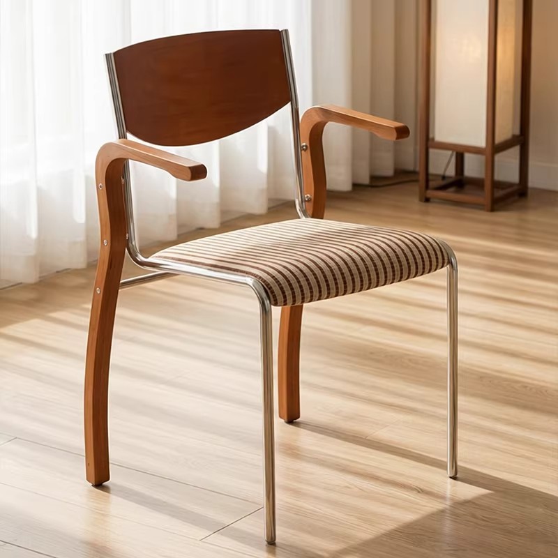 Armrest Dining Chair Q195 Carbon Steel Frame Multi‑layer Solid Wood Back Padded Seat Side Chair for Home Office Cafe - M...