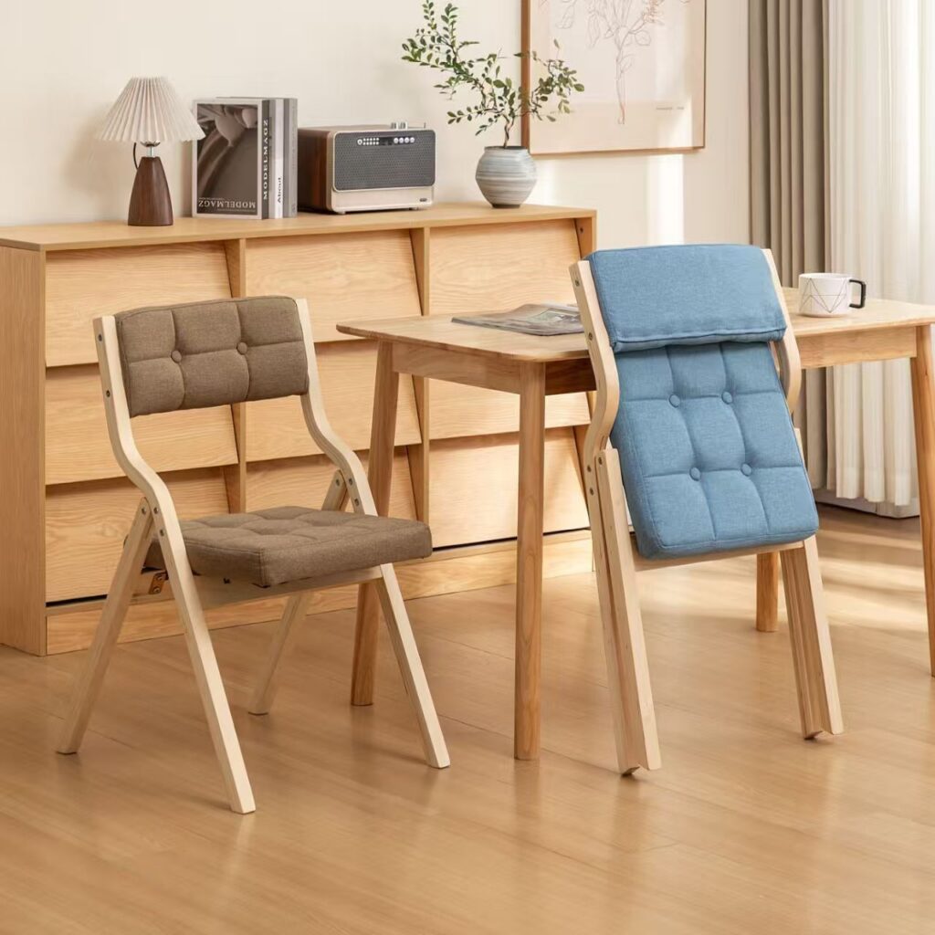Poplar Wood Folding Dining Chair Linen Fabric Padded Foldable Dining Side Chair for Kitchen Apartment - Solid wood dining ...