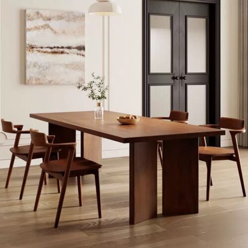 Solid Pine Wood Rectangular Dining Table, Double‑Panel Pedestal Base, Walnut Finish Wooden Dinner Table for Dining Room ...
