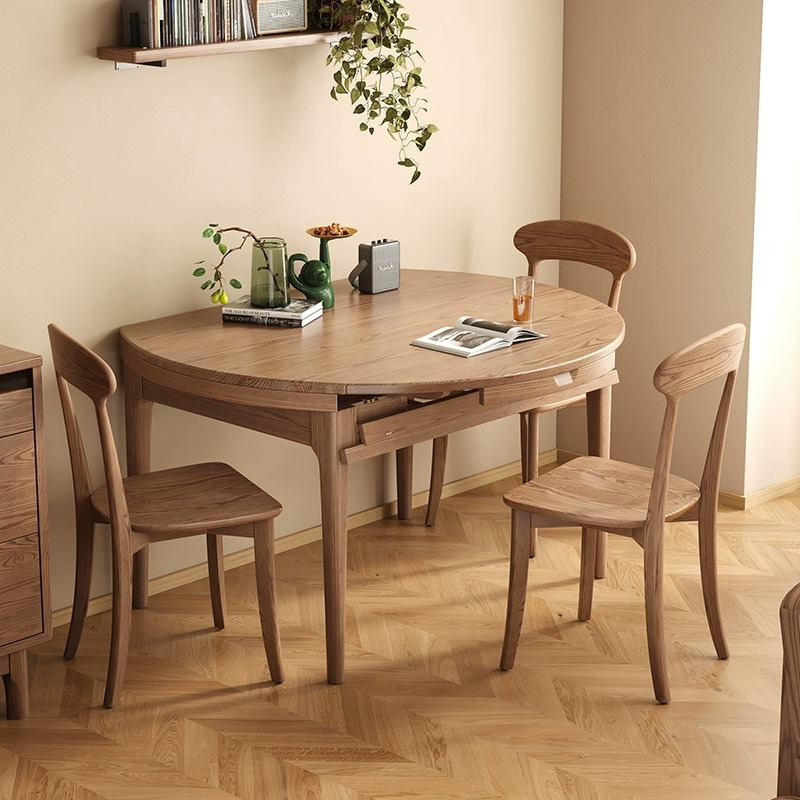 Solid Ash Wood Extendable Dining Table Round to Oval Foldable Expandable Dinner Table for Home Dining Room - Dining table ...