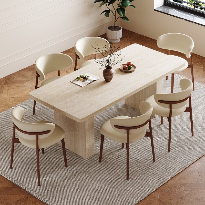 Travertine-effect sintered stone dining table - rectangular cave stone look slab table, QONKA HOME