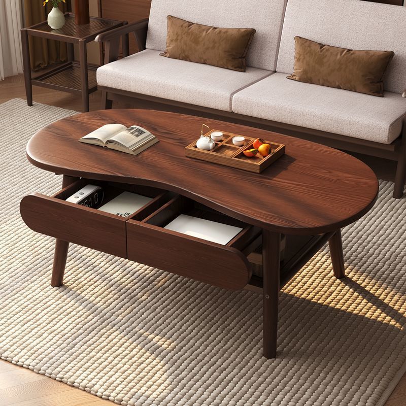 Irregular Solid Wood Coffee Table With Drawers, Organic Curved Storage Center Table Cashew‑Shaped - Coffee table - QONKA...