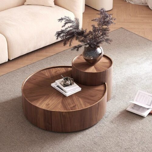 Round Nesting Coffee Table Set walnut Wood Veneer Coffee Table with Drawer - Coffee table - QONKA HOME