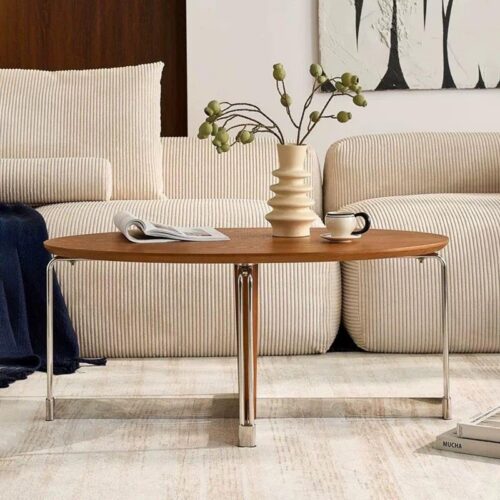 Mid‑Century Retro Oval Wooden Coffee Table  Tempered glass Center Table with Chrome Metal Legs - Coffee table - QONKA HOME