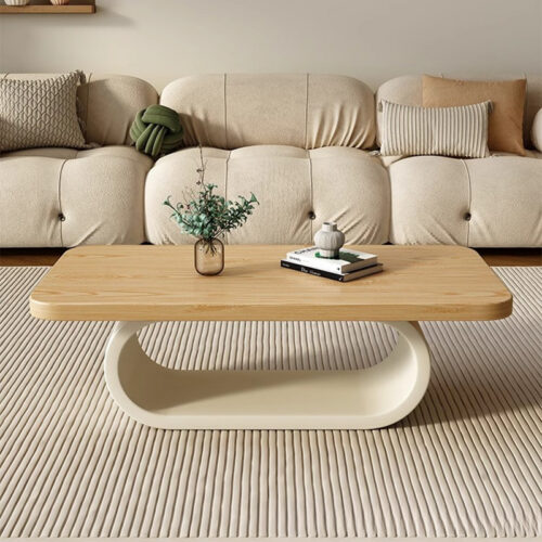 Solid Wood Rectangular Coffee Table Cream U‑Shape & Cylinder Base Minimalist Modern Center Table - Coffee table - Q...