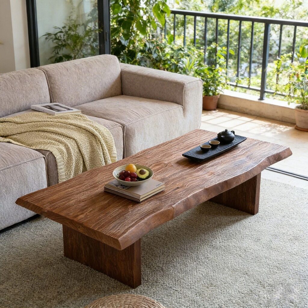 Rustic Live Edge Solid Wood Coffee Table Natural Log Slab Irregular Tabletop for Living Room - Coffee table - QONKA HOME