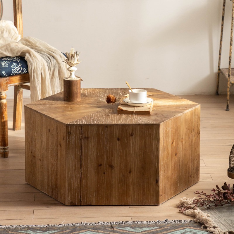 Hexagonal Distressed Solid Wood Coffee Table Rustic Farmhouse Block Center Table - Coffee table - QONKA HOME