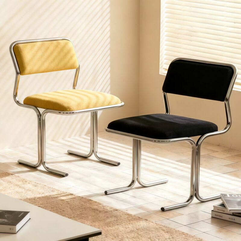 Bauhaus Style Dining Chair with Polished Stainless Steel Frame & Linen Fabric Upholstery - Metal dining chair - QONKA...