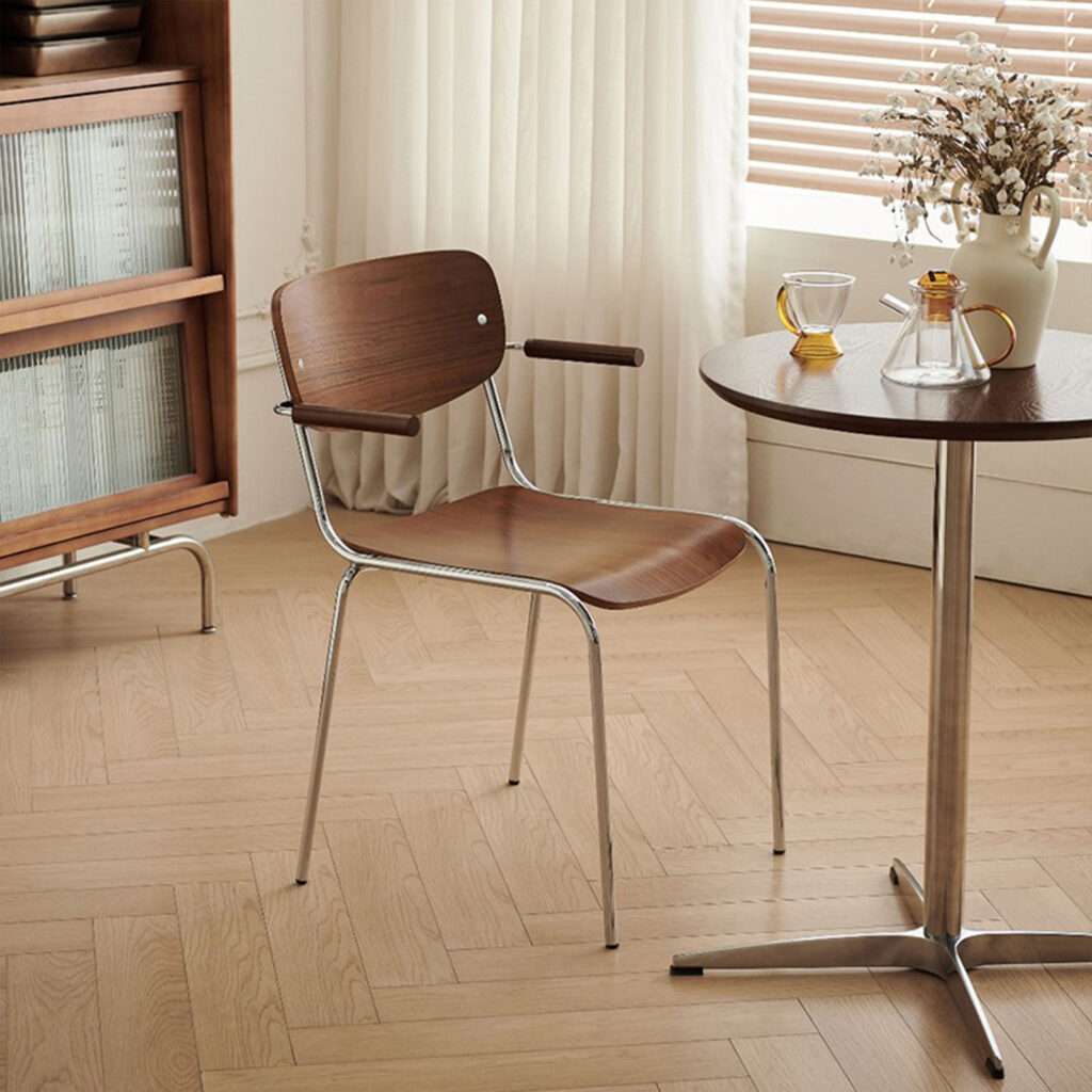 Vintage Dining Chair Electroplated Metal Frame Solid Wood Seat & Backrest Armchair - Metal dining chair - QONKA HOME