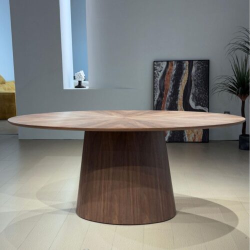 Oval Solid Wood Dining Table Sunburst Veneer Inlay Tapered Pedestal Base Mid‑Century Modern Dining Table for Home Dining...