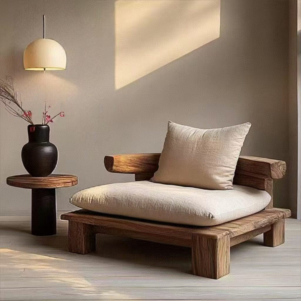 Wabi-sabi-style Single-seater Wooden Sofa Chair - Living room furniture - QONKA HOME