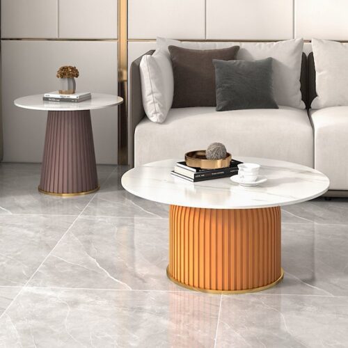 Modern Cream Round Coffee Table Set with Faux Marble Top and Fluted Base - Coffee table - QONKA HOME