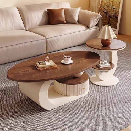 Oval Cream Curved Frame Wooden Coffee Table With Storage Drawer - Coffee table - QONKA HOME