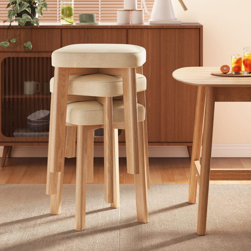Stackable Solid Rubber Wood Stool Upholstered Cushioned Square Stool Multi-purpose Dining Stool for Home Kitchen - Solid w...