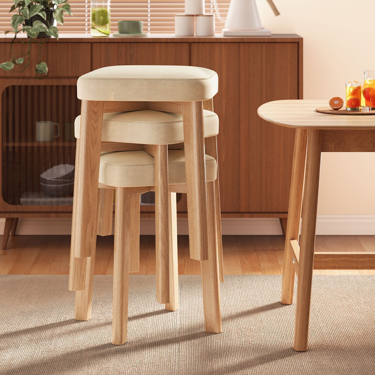 Stackable solid rubber wood stool with cushioned seat — saves container space and adds comfort.
