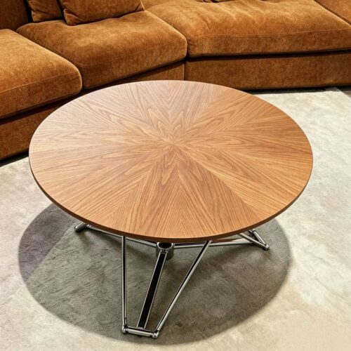 Artisanal Walnut Veneer Round Coffee Table with Adjustable Polished Stainless Steel Base - Coffee table - QONKA HOME