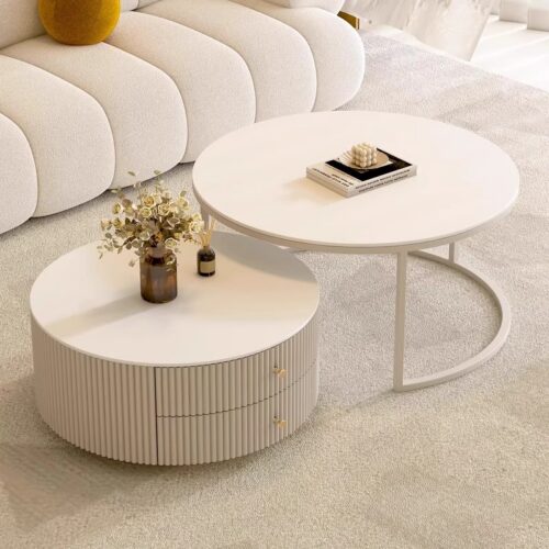 Cream Fluted Storage Round Nesting Coffee Table Set - Coffee table - QONKA HOME