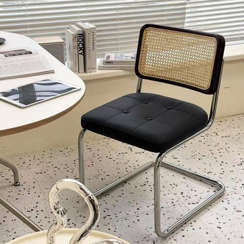 Cantilever Dining Chair PP Rattan Backrest Upholstered PU Seat Chrome Metal Frame Mid-Century Modern Side Chair - Metal di...