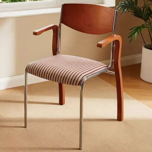 Armrest Dining Chair Q195 Carbon Steel Frame Multi‑layer Solid Wood Back Padded Seat Side Chair for Home Office Cafe - M...
