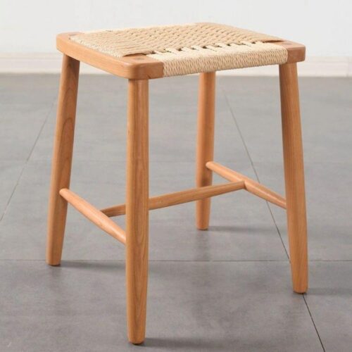Rubber Wood Stool Hand‑Woven Rope Seat Solid Wood Square Side Stool Dining Bar Stool for Home Kitchen Living Room - Soli...
