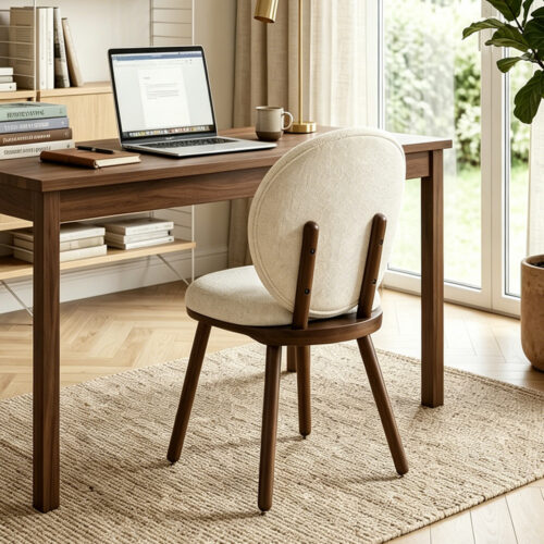 Modern Round Back Dining Chair Chenille Fabric Upholstered Side Chair with Solid Rubber Wood Legs for Home Kitchen - Solid...