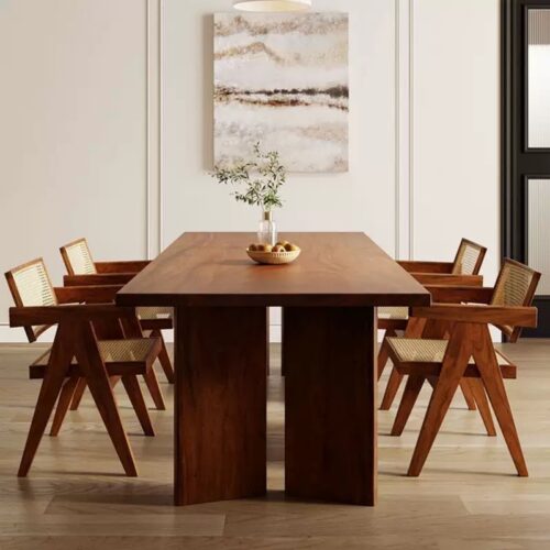 Solid Pine Wood Rectangular Dining Table, Double‑Panel Pedestal Base, Walnut Finish Wooden Dinner Table for Dining Room ...