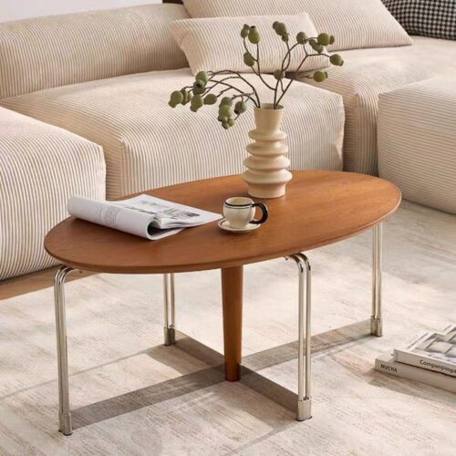 Mid‑Century Retro Oval Wooden Coffee Table  Tempered glass Center Table with Chrome Metal Legs - Coffee table - QONKA HOME