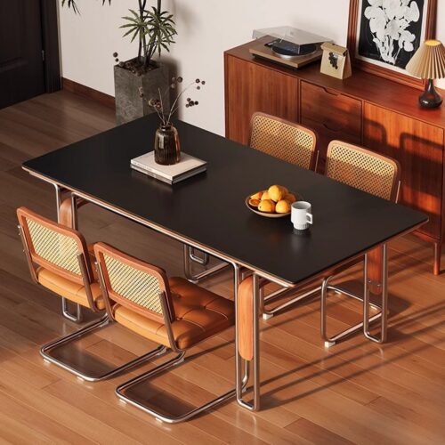 Sintered Stone Dining Table, 304 Stainless Steel Surround Frame with Ash Wood Support Plate, Rectangular Matte Rock Slab D...