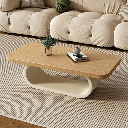 Solid Wood Rectangular Coffee Table Cream U‑Shape & Cylinder Base Minimalist Modern Center Table - Coffee table - Q...