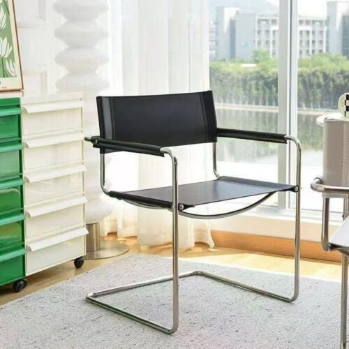 Modern Cantilever Dining Chair Stainless Steel Frame Saddle Leather Upholstered Arm Chair - Metal dining chair - QONKA HOME