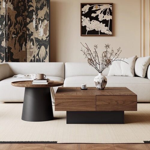 Mid‑Century Solid Wood Square Coffee Table Set With Drawers Walnut Veneer - Coffee table - QONKA HOME