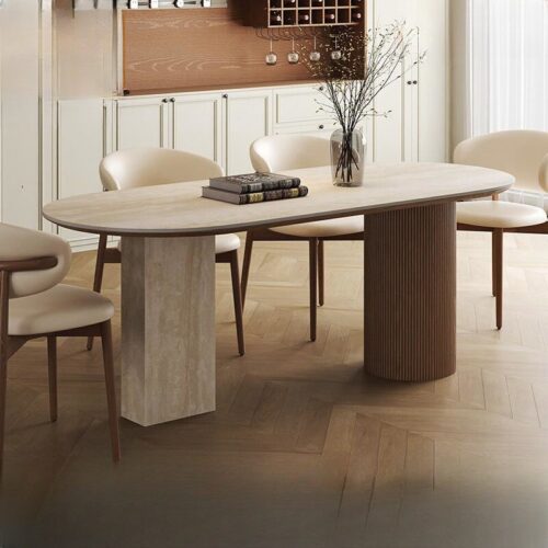 Oval Sintered Stone Dining Table, Asymmetrical Base with Travertine‑Look Panel & Fluted Wood Cylinder, Modern Rock ...