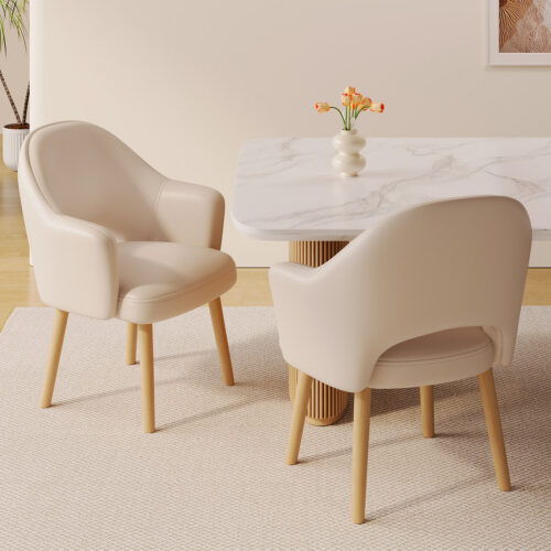 Modern Upholstered Dining Chair with Armrest Solid Wood Leg PU Leather Accent Chair for Dining Room Kitchen - Solid wood d...