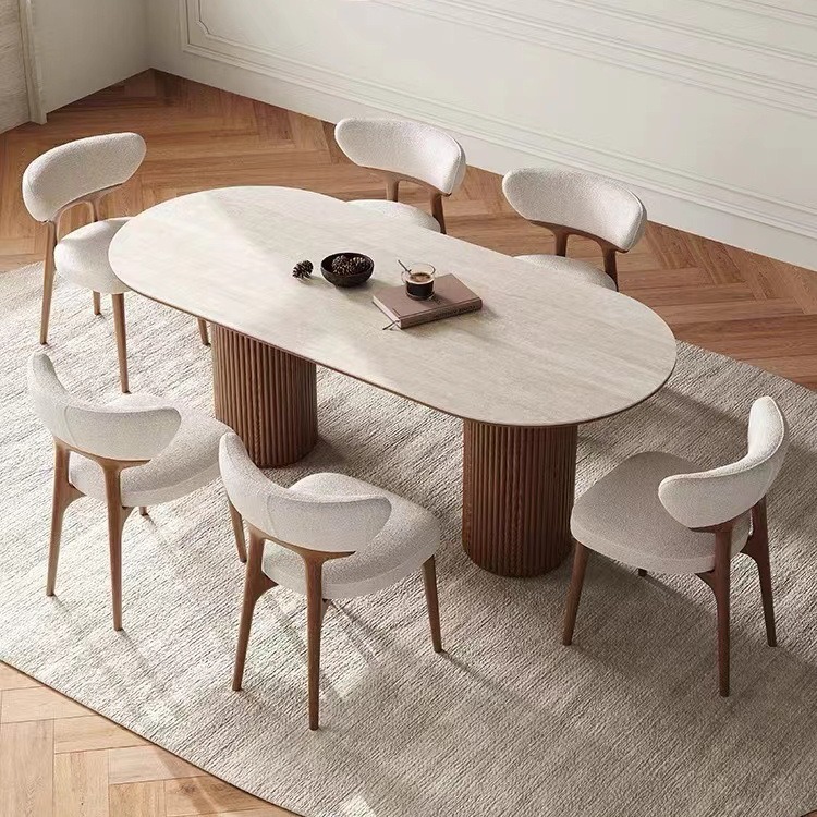 Oval sintered stone dining table with fluted solid wood double pedestal base, QONKA HOME