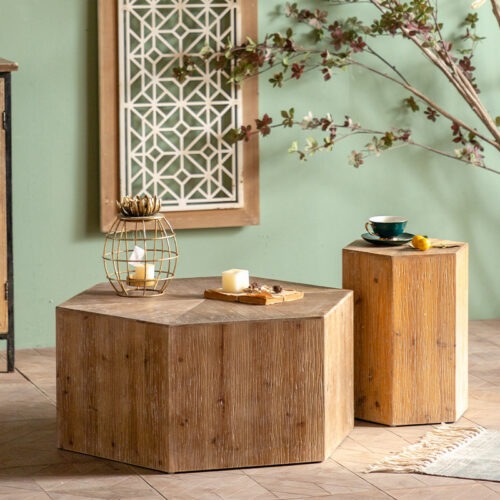 Rustic Distressed Wood Center Table Hexagonal Trapezoidal Rectangular - Coffee table - QONKA HOME
