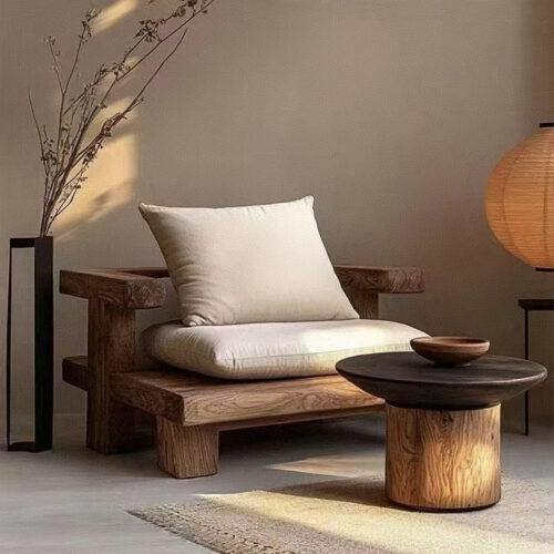 Wabi-sabi-style Single-seater Wooden Sofa Chair - Living room furniture - QONKA HOME