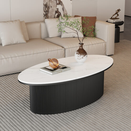 Oval Sintered Stone Coffee Table Black Fluted Wave Pedestal - Coffee table - QONKA HOME