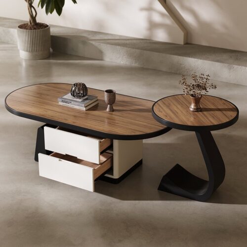 Mid-century Walnut  Oval Coffee Table With Drawers & Side Table Set - Coffee table - QONKA HOME