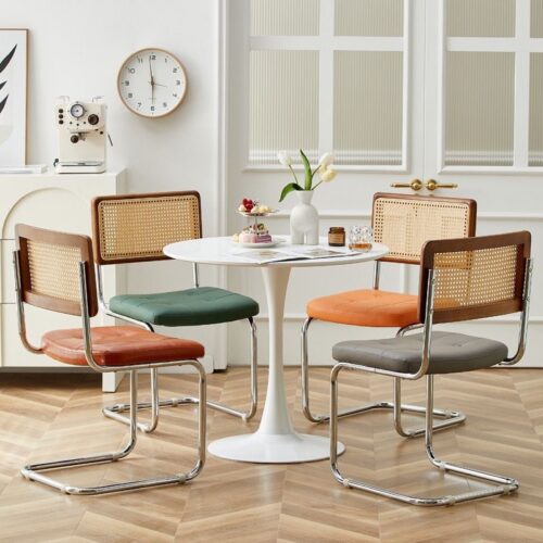 Cantilever Dining Chair PP Rattan Backrest Upholstered PU Seat Chrome Metal Frame Mid-Century Modern Side Chair - Metal di...