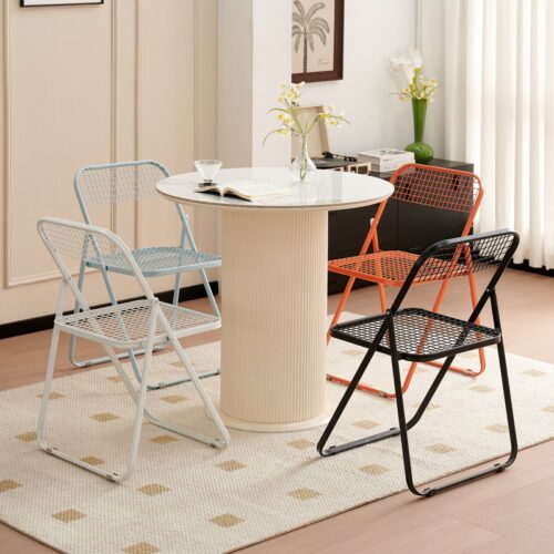 Grid Metal Folding Dining Chair Breathable Iron Mesh Side Chair Portable Stackable Leisure Chair for Balcony Cafe Home - M...