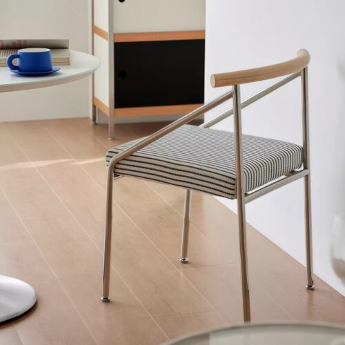 Dining Chair With White Ash Wood Backrest Stainless Steel Frame Fabric Upholstered Cushion Modern Minimalist Side Chair Fo...