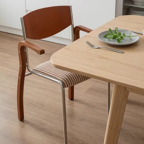 Armrest Dining Chair Q195 Carbon Steel Frame Multi‑layer Solid Wood Back Padded Seat Side Chair for Home Office Cafe - M...