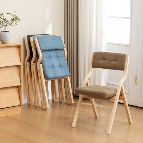 Poplar Wood Folding Dining Chair Linen Fabric Padded Foldable Dining Side Chair for Kitchen Apartment - Solid wood dining ...