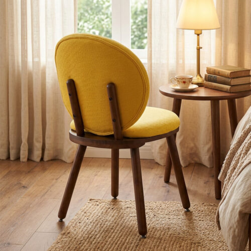 Modern Round Back Dining Chair Chenille Fabric Upholstered Side Chair with Solid Rubber Wood Legs for Home Kitchen - Solid...
