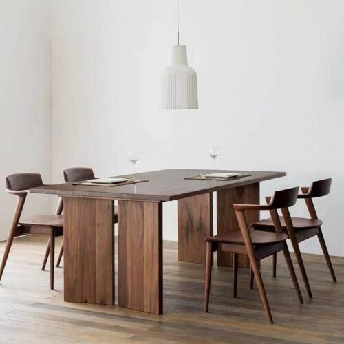 Solid Pine Wood Rectangular Dining Table, Double‑Panel Pedestal Base, Walnut Finish Wooden Dinner Table for Dining Room ...