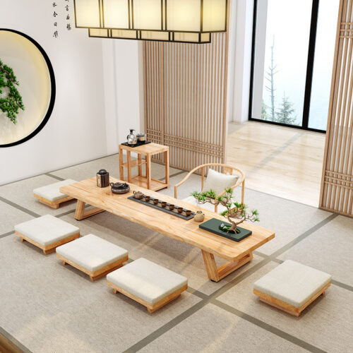Solid Wood Japanese‑Style Tea Table Set With Chairs - Living room furniture - QONKA HOME
