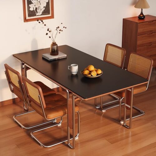 Sintered Stone Dining Table, 304 Stainless Steel Surround Frame with Ash Wood Support Plate, Rectangular Matte Rock Slab D...