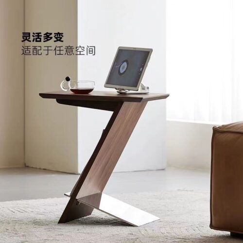 Modern Z‑Shaped Side Table Black Wood End Table With Magazine Rack Metal Base - Bedroom furniture - QONKA HOME