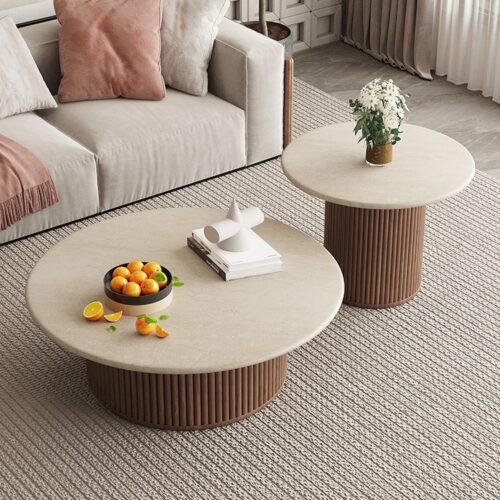 Round Coffee Table Set, Sintered Stone Top With Fluted Wood Base - Coffee table - QONKA HOME