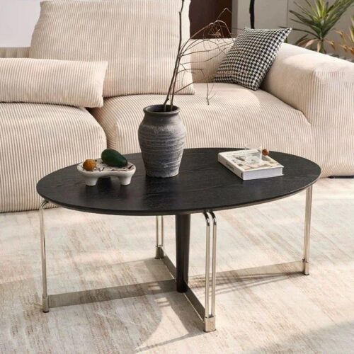 Mid‑Century Retro Oval Wooden Coffee Table  Tempered glass Center Table with Chrome Metal Legs - Coffee table - QONKA HOME